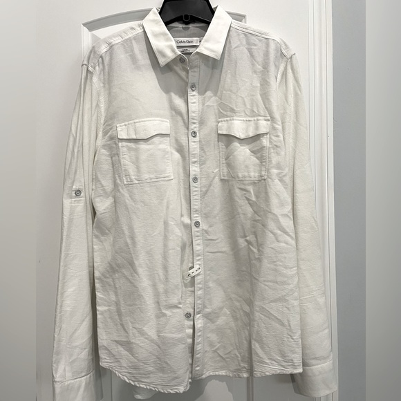 Calvin Klein body fit L white waffle LS button down shirt - Picture 1 of 6